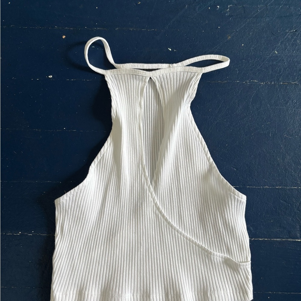 White Ribbed Crop Top with Deep Eye Slit Opening Center